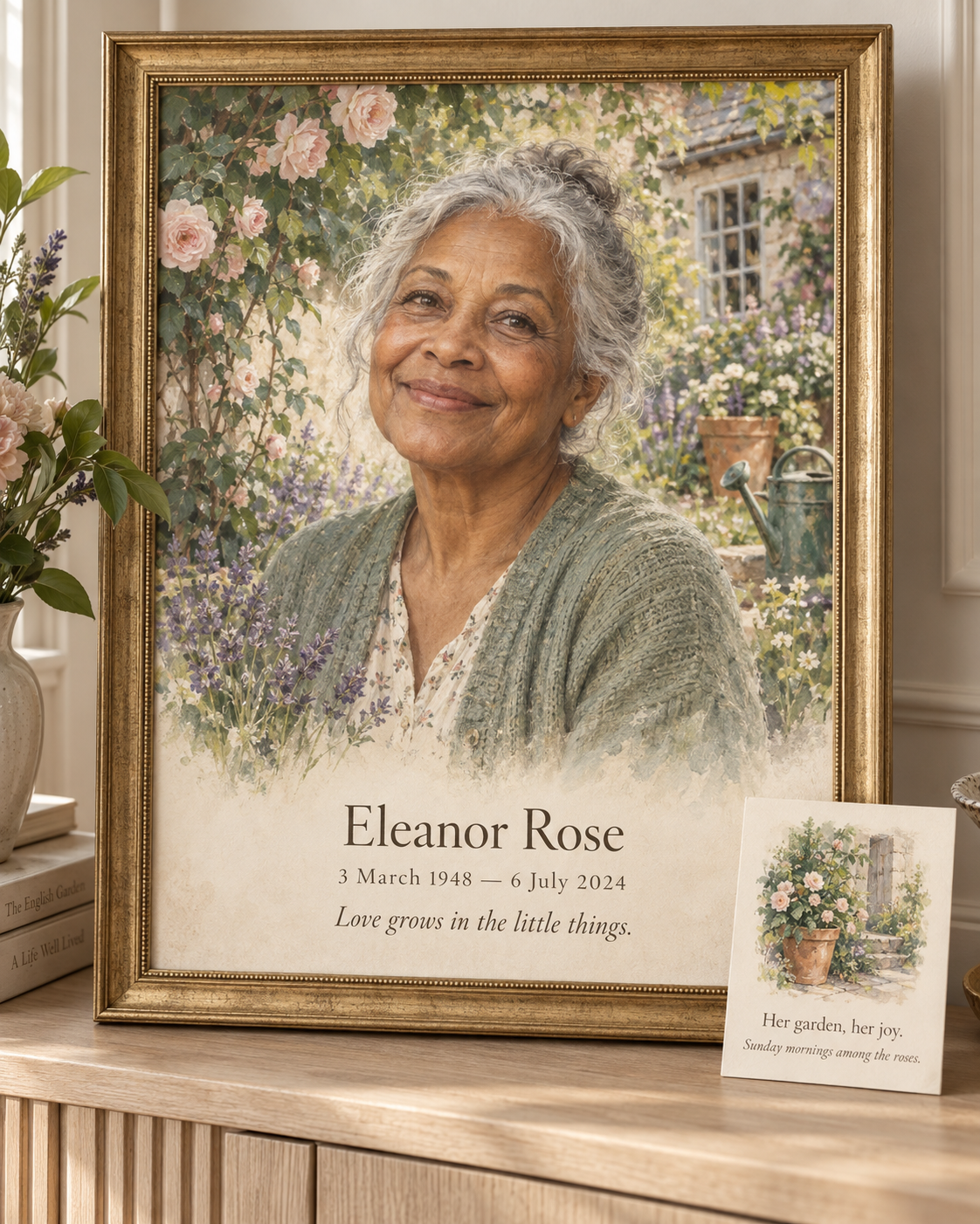 Illustrated memorial portrait of a woman in a flower garden