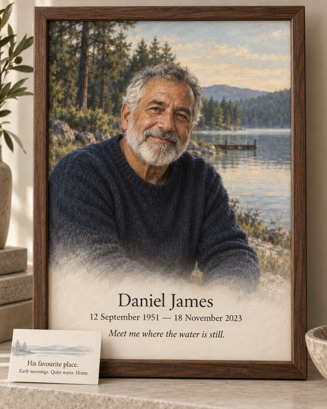 Illustrated memorial portrait of a man by a peaceful lake
